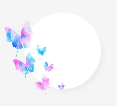 Round background with beautiful watercolored butterflies and copyspace. Vecto Stock Illustration