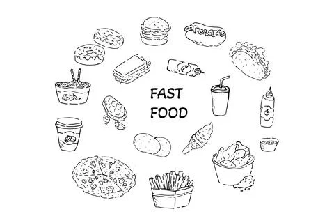 Round background fast food set in sketch outline Stock Illustration