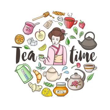 Round background with tea and sweets. Illustrazione stock
