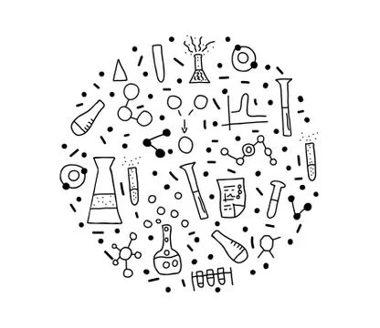 Round badge of chemistry objects in doodle style. Science research symbols is Stock Illustration