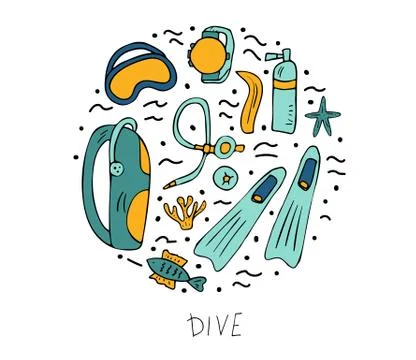 Round badge with  diving set of elements  and equipment. Underwater activity  库存插图