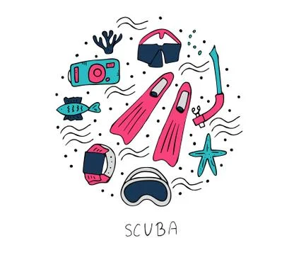 Round badge with  diving set of elements  and equipment. Underwater activity  Stock Illustration