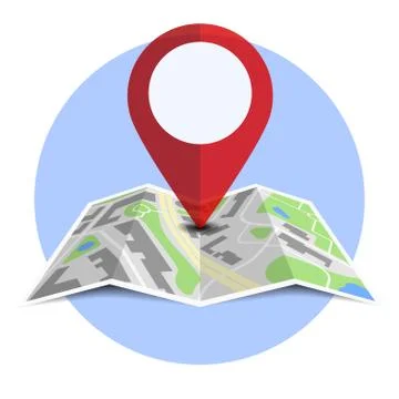 Round badge with generic folded map with location pin and shadow Illustrazione stock