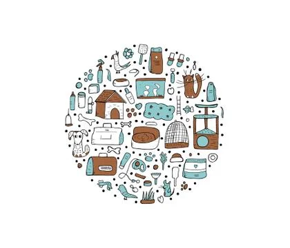 Round badge with pet shop elements. Set of vector domestics animal care symbo Stock Illustration