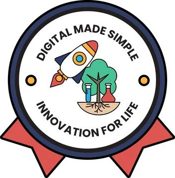 A round badge with a rocket and a tree on it Stock Illustration