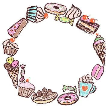 Round banner, frame or border, doodle hand drawn sweet food. Crayon, pencil Illustrazione stock