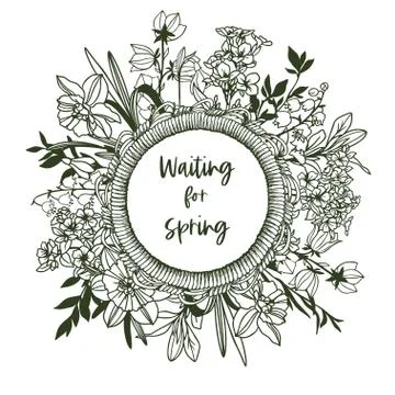 Round banner with rope frame and tiny flowers Stock Illustration