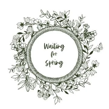 Round banner with rope frame and tiny plants Stock Illustration