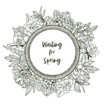 Round banner with rope frame and tiny flowers Stock Illustration