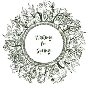 Round banner with rope frame and tiny flowers Stock Illustration