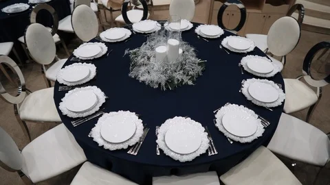 Round Banquet table served. Interior of restaurant for wedding dinner, ready for Stock Footage 127668146
