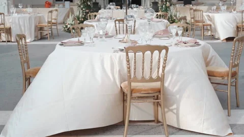 Round banquet tables setup prepared for formal ceremony outdoor, exclusive Stock Footage 231506653