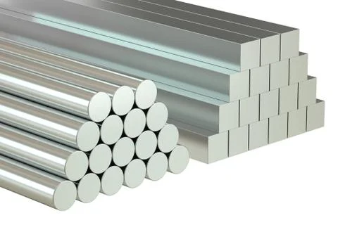 Round bars and square rods, Rolled Metal Products. 3D rendering Illustrazione stock
