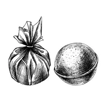 Round bath bombs wrapped in a package. EPS hand drawn black and white vector Stock Illustration