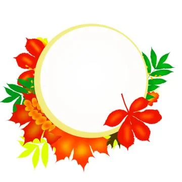 Round beige frame for your text lined with colorful autumn leaves isolated on Stock-Illustration