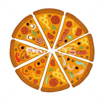 Round big mix pizza, slices triangle, italian restaurant menu, snack food Stock Illustration