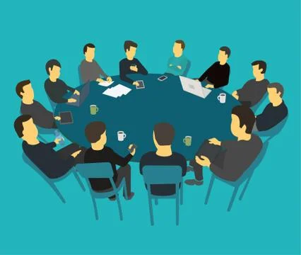 Round big table talks brainstorm. Team business people meeting conference many Stock Illustration