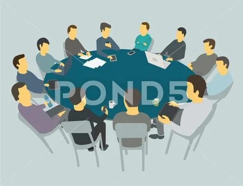 Round big table talks. Team business people meeting conference many people Stock Illustration