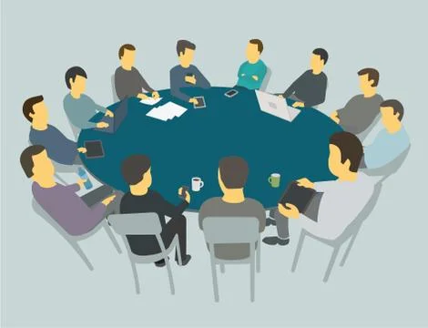 Round big table talks. Team business people meeting conference many people Stock Illustration