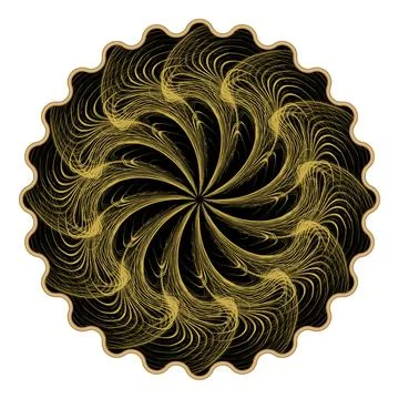 Round black decorative element filled with a wavy gold fringe pattern. Suitable Stock Illustration