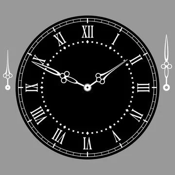 Round black dial with Roman numerals and hands. Vector illustration Stock Illustration