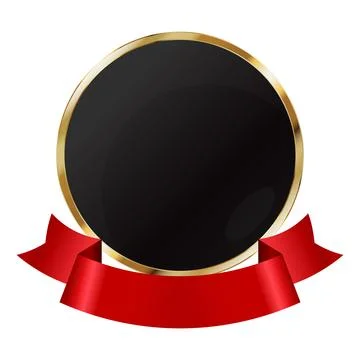 Round black element with gold frame and red ribbon. Design of the award med.. Illustration
