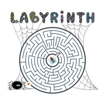 Round black labyrinth with spider, fly and web on white background. Children  스톡 일러스트
