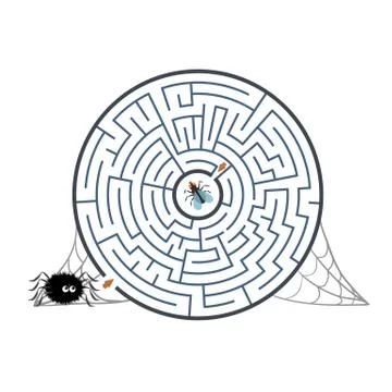 Round black labyrinth with spider, fly and web on white background. Children  스톡 일러스트