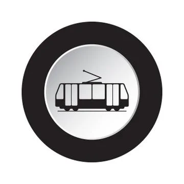Round black, white button icon - tram, streetcar Stock Illustration