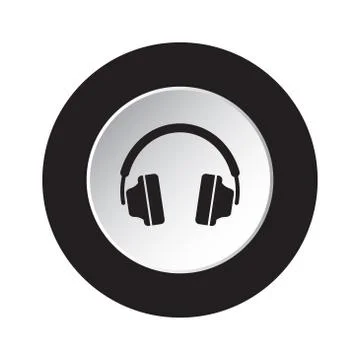 Round black, white button icon with headphones Stock Illustration