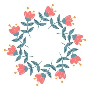 Round blooming decorative frame. Flat illustration pink flowers, lush greener Stock Illustration