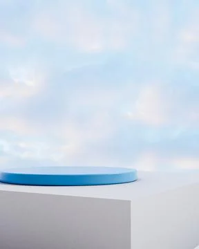 Round blue board display platform on white solid base with soft cloud on br.. 写真素材