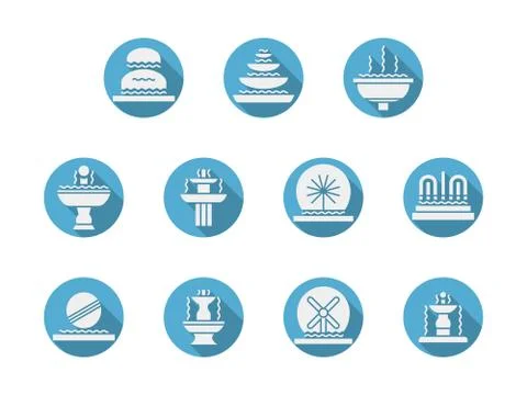 Round blue flat vector icons for fountains Stock Illustration