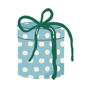Round blue gift box with polka dots and green ribbon bow for christmas and bi Stock Illustration