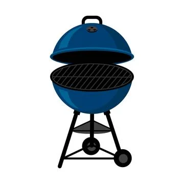 Round Blue Grill With Lid Open, Showing Grilling Rack and Wheels for Easy M.. Stock Illustration