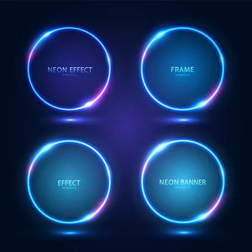 Round blue neon frames with shining effects and highlights on a dark background. Stock Illustration