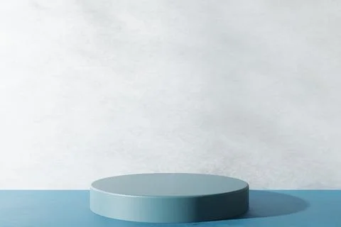 A round blue stand is positioned on a flat surface against a light wall. This Stock Illustration