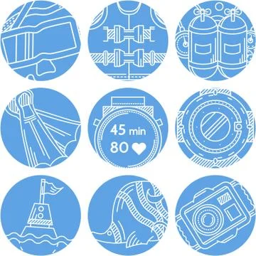 Round blue vector icons for diving Stock Illustration