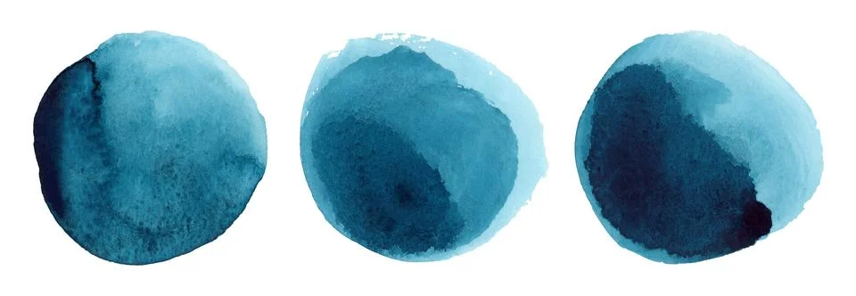 Round blue watercolor frames set, circle shape form isolated on white Stock Illustration