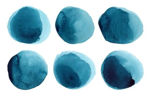 Round blue watercolor frames set, circle shape form isolated on white Stock Illustration