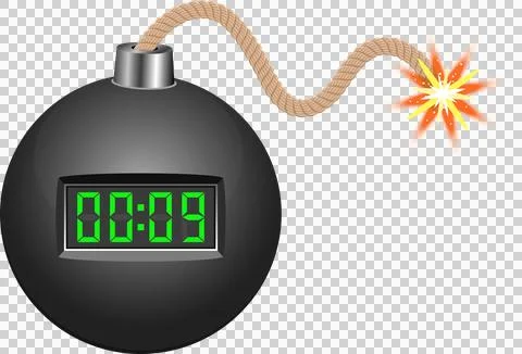 Round bomb with digital timer display and a lit fuse, cartoon style against.. Stock Illustration