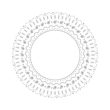 A round border filled with various patterns. The outer edge has wavy shapes a Illustrazione stock