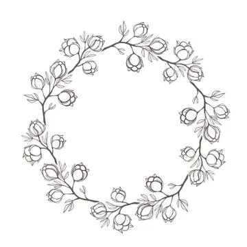 Round border frame with cotton herb and flowers for card design on white, sto Stock Illustration
