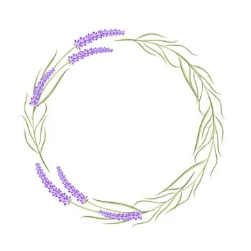 Round border frame with lavender flowers isolated on white for greeting card  Illustrazione stock