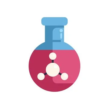 Round bottom flask containing red chemical substance with molecule Stock Illustration