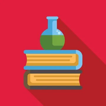 Round bottom flask standing on a stack of books for science education Illustrazione stock