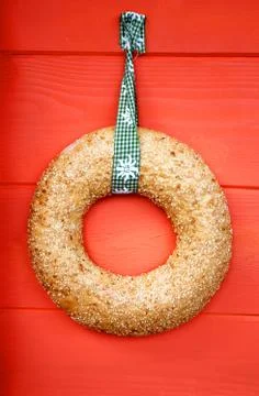 Round bread on a red Stock Photos