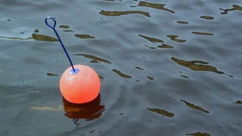 Round buoy in the shape of a cherry on the waves oк river Stock Footage 158060153