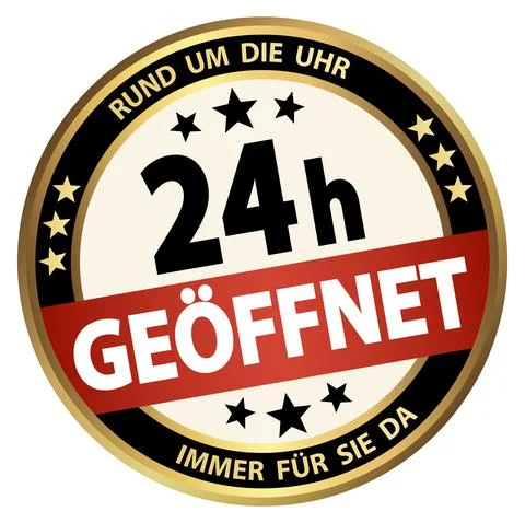 Round business button - open 24 hours (german) Illustrazione stock