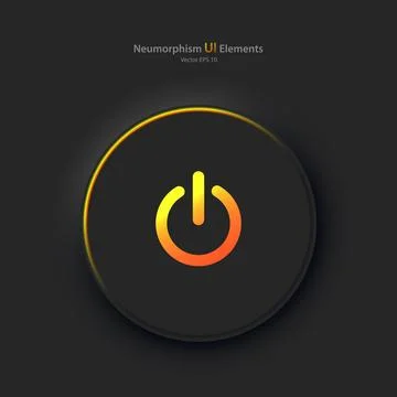 A round button with a yellow-orange power symbol on a black background. Illustrazione stock